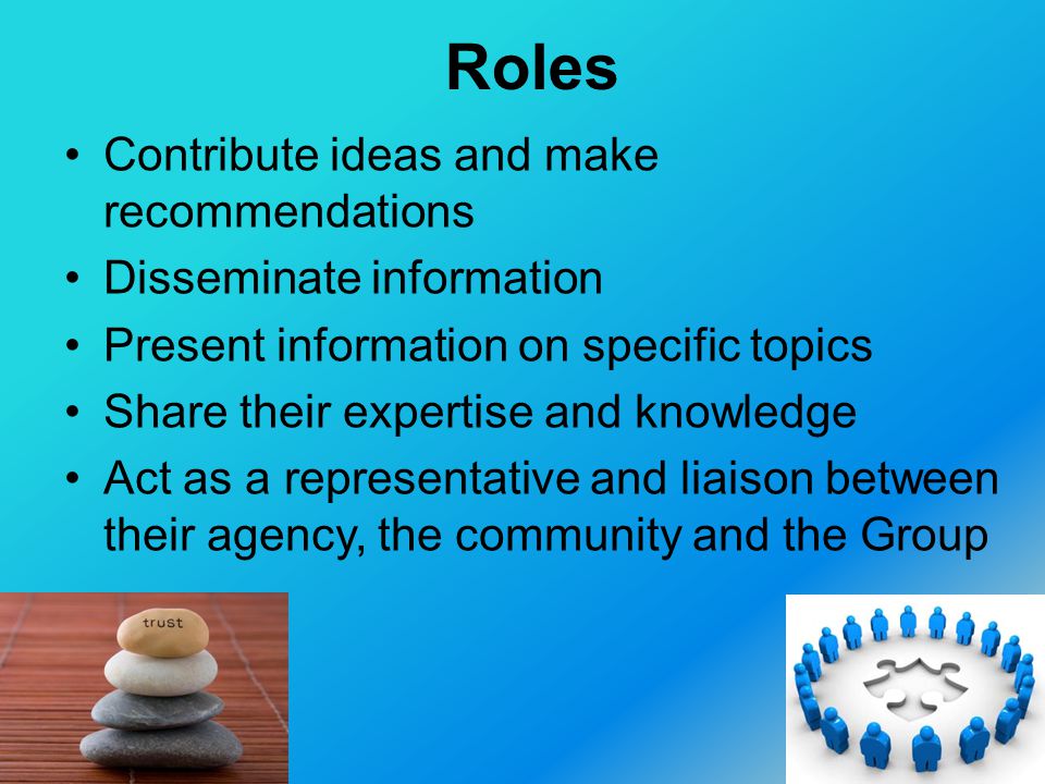 Roles Contribute ideas and make recommendations Disseminate information Present information on specific topics Share their expertise and knowledge Act as a representative and liaison between their agency, the community and the Group