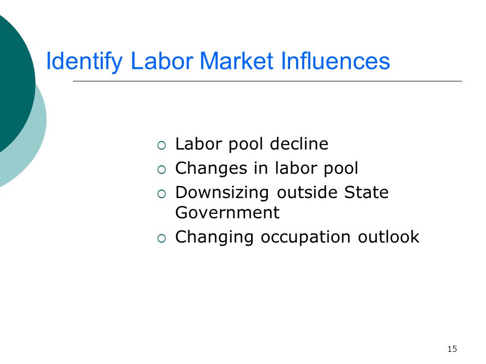 15 Identify Labor Market Influences  Labor pool decline  Changes in labor pool  Downsizing outside State Government  Changing occupation outlook