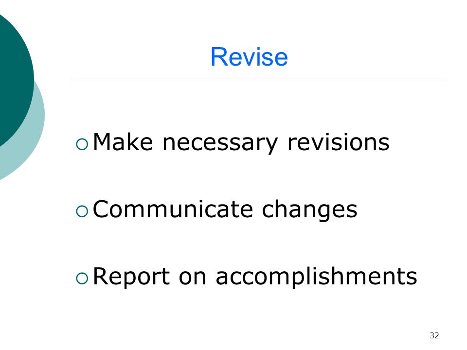 32 Revise  Make necessary revisions  Communicate changes  Report on accomplishments