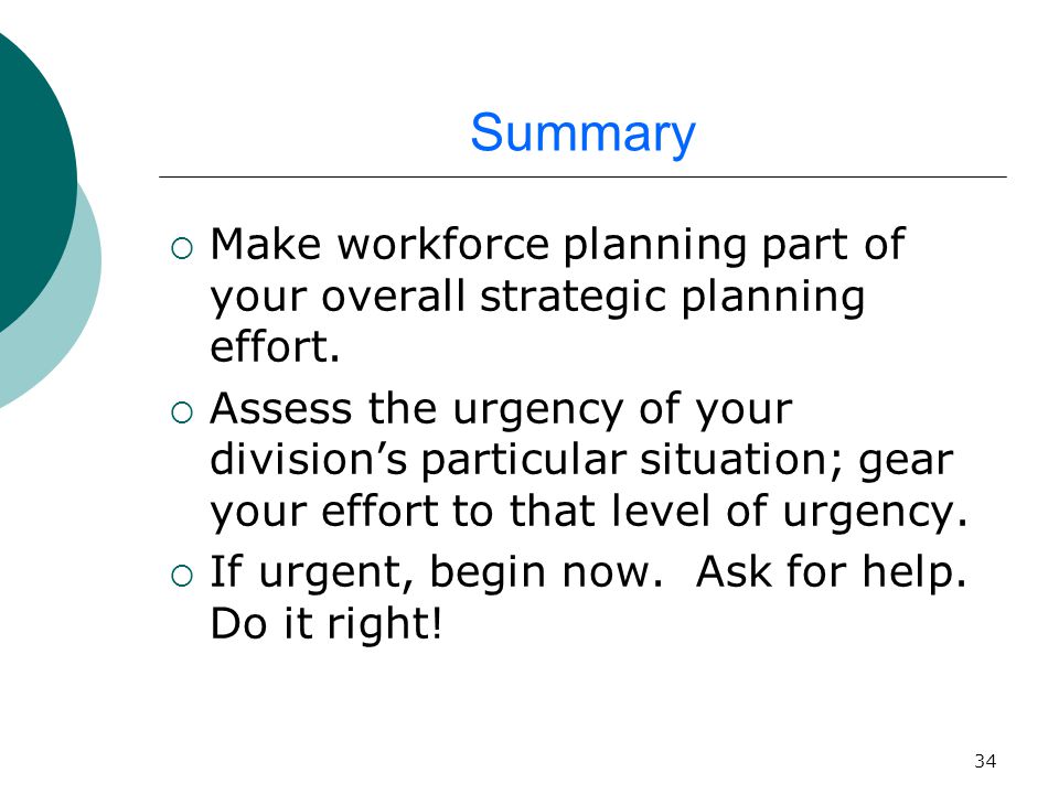 34 Summary  Make workforce planning part of your overall strategic planning effort.