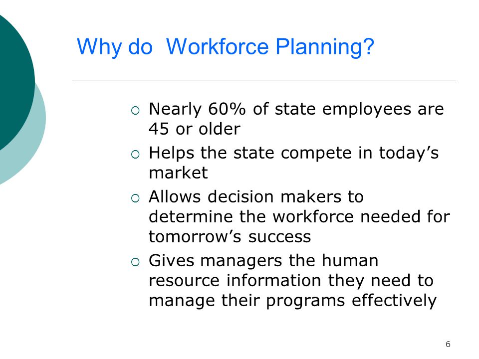 6  Nearly 60% of state employees are 45 or older  Helps the state compete in today’s market  Allows decision makers to determine the workforce needed for tomorrow’s success  Gives managers the human resource information they need to manage their programs effectively Why do Workforce Planning