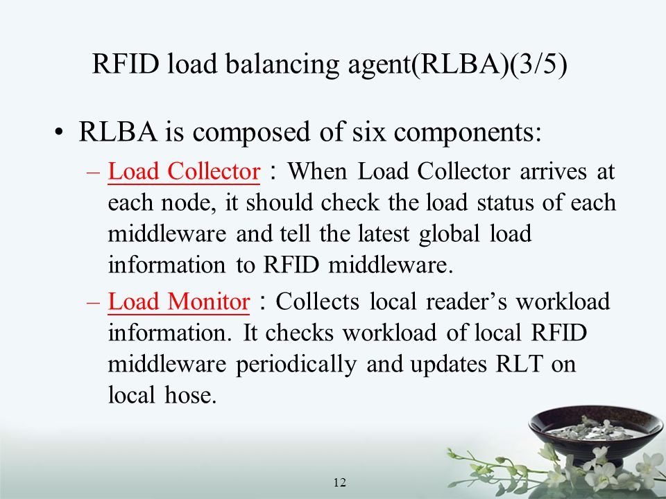RFID load balancing agent(RLBA)(3/5) RLBA is composed of six components: –Load Collector ： When Load Collector arrives at each node, it should check the load status of each middleware and tell the latest global load information to RFID middleware.