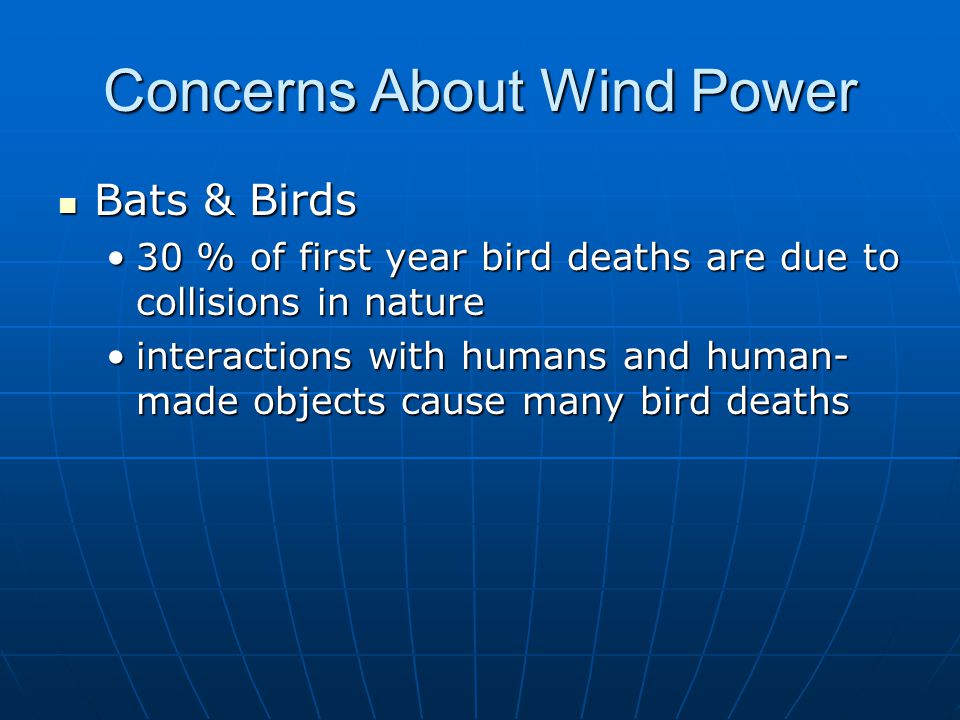 Concerns About Wind Power Bats & Birds Bats & Birds 30 % of first year bird deaths are due to collisions in nature30 % of first year bird deaths are due to collisions in nature interactions with humans and human- made objects cause many bird deathsinteractions with humans and human- made objects cause many bird deaths