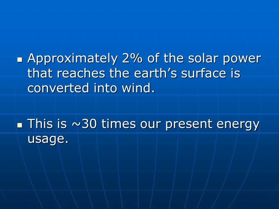 Approximately 2% of the solar power that reaches the earth’s surface is converted into wind.