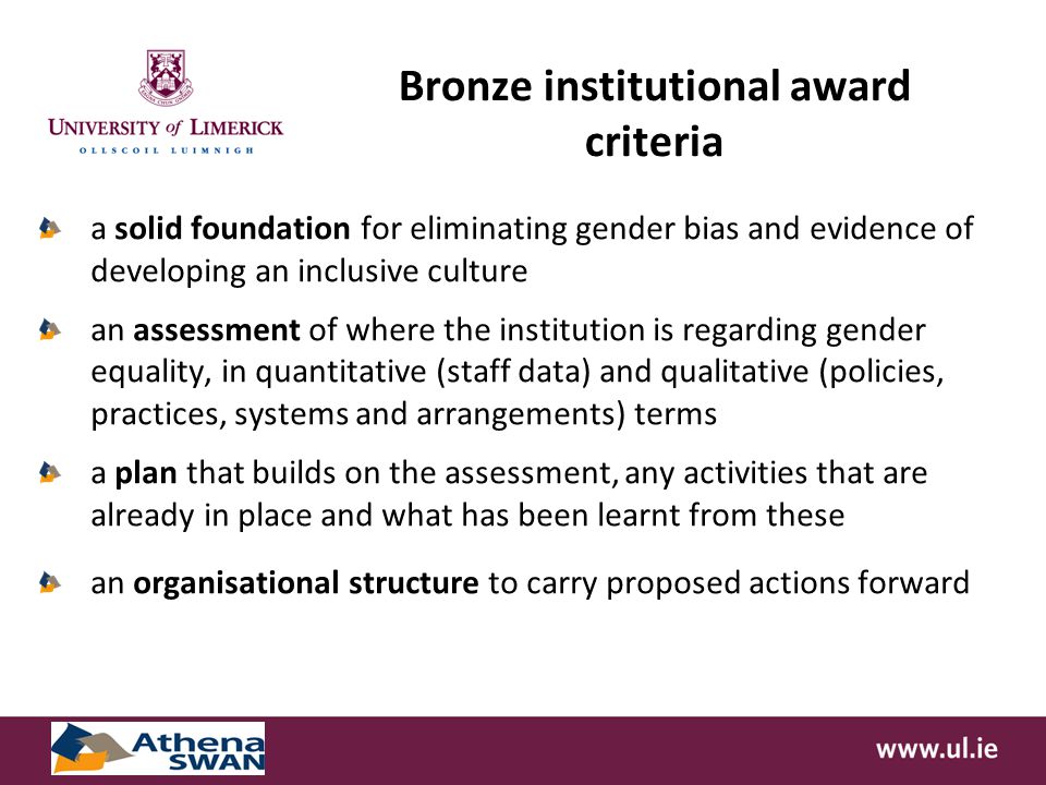 a solid foundation for eliminating gender bias and evidence of developing an inclusive culture an assessment of where the institution is regarding gender equality, in quantitative (staff data) and qualitative (policies, practices, systems and arrangements) terms a plan that builds on the assessment, any activities that are already in place and what has been learnt from these an organisational structure to carry proposed actions forward Bronze institutional award criteria