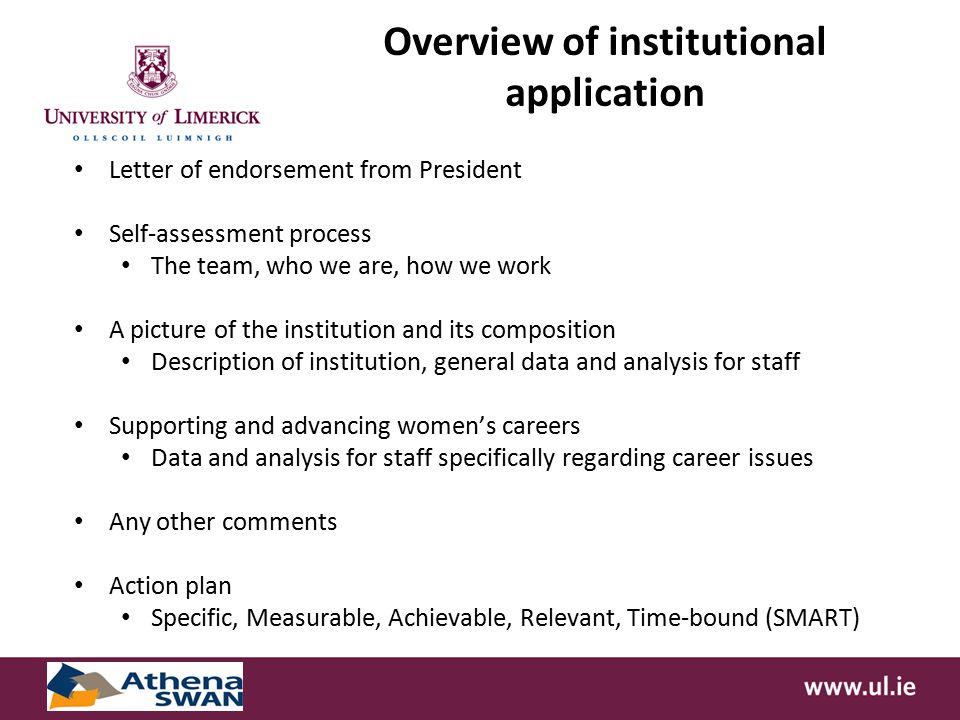 Overview of institutional application Letter of endorsement from President Self-assessment process The team, who we are, how we work A picture of the institution and its composition Description of institution, general data and analysis for staff Supporting and advancing women’s careers Data and analysis for staff specifically regarding career issues Any other comments Action plan Specific, Measurable, Achievable, Relevant, Time-bound (SMART)