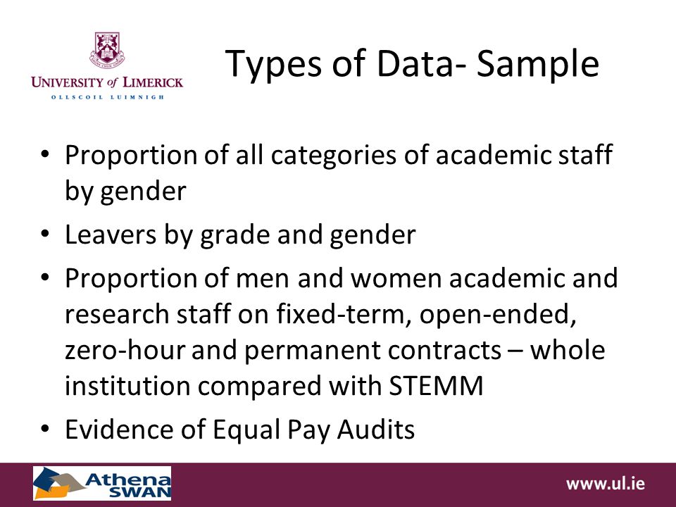 Types of Data- Sample Proportion of all categories of academic staff by gender Leavers by grade and gender Proportion of men and women academic and research staff on fixed-term, open-ended, zero-hour and permanent contracts – whole institution compared with STEMM Evidence of Equal Pay Audits