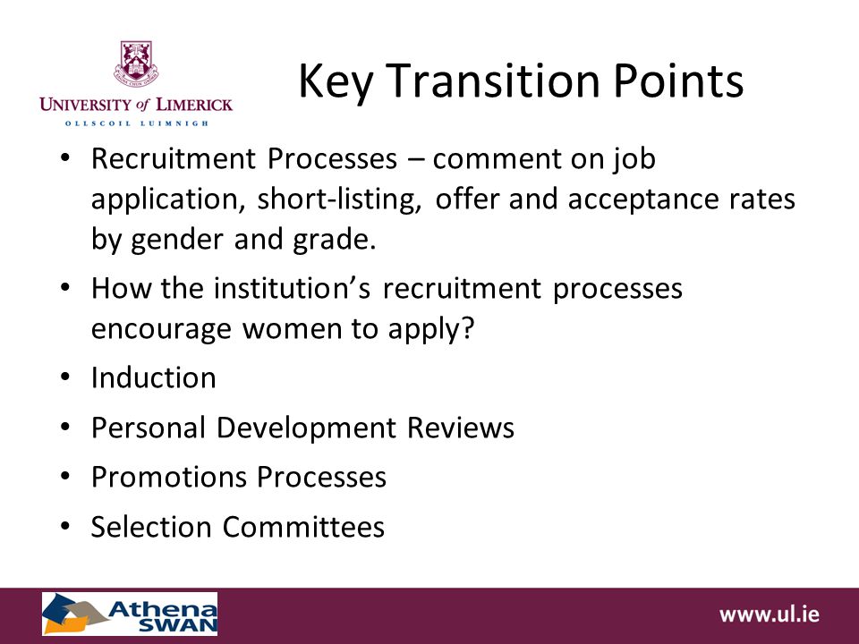 Key Transition Points Recruitment Processes – comment on job application, short-listing, offer and acceptance rates by gender and grade.