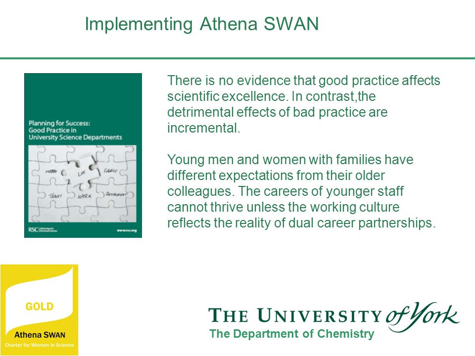Implementing Athena SWAN The Department of Chemistry There is no evidence that good practice affects scientific excellence.