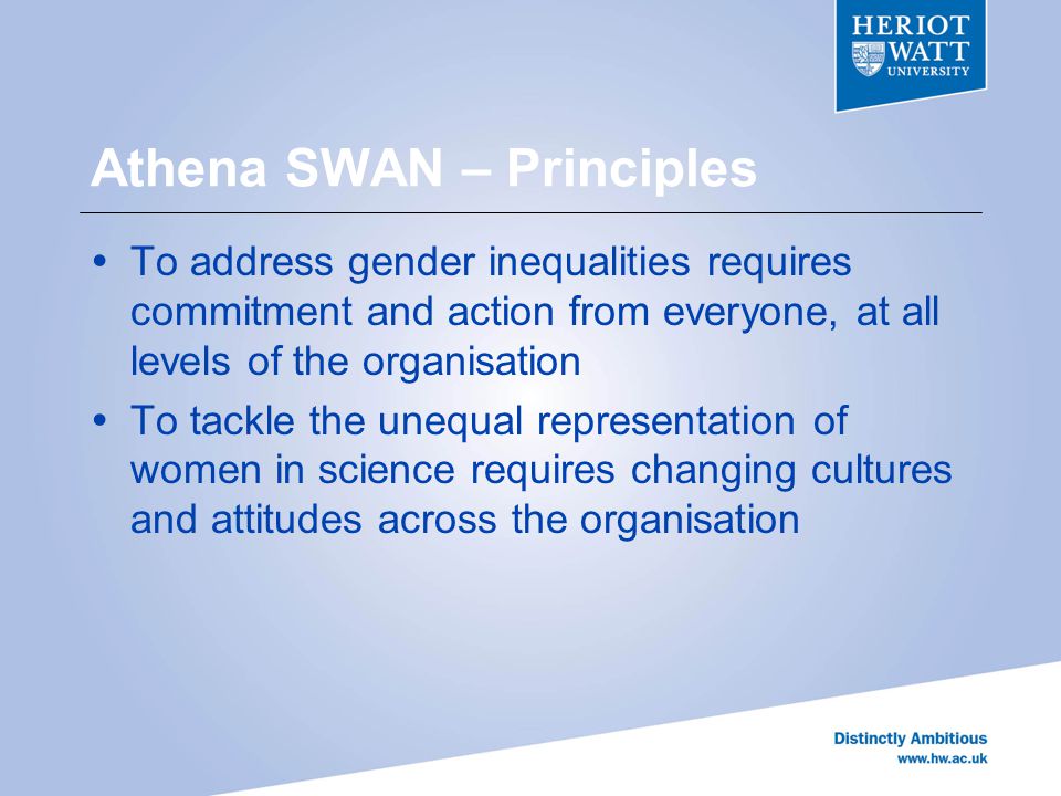 Athena SWAN – Principles  To address gender inequalities requires commitment and action from everyone, at all levels of the organisation  To tackle the unequal representation of women in science requires changing cultures and attitudes across the organisation
