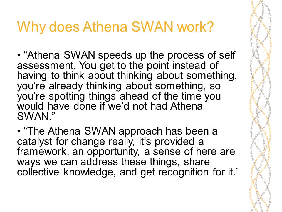 Why does Athena SWAN work. Athena SWAN speeds up the process of self assessment.
