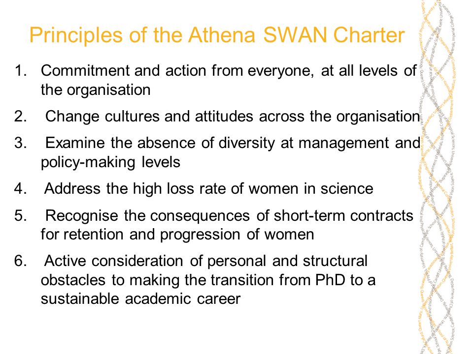 Principles of the Athena SWAN Charter 1.Commitment and action from everyone, at all levels of the organisation 2.