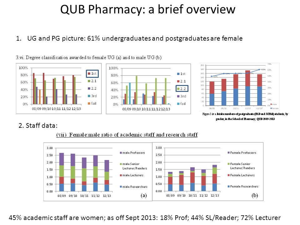 QUB Pharmacy: a brief overview 1.UG and PG picture: 61% undergraduates and postgraduates are female 2.