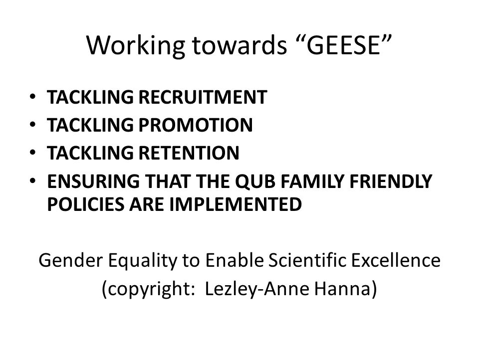 Working towards GEESE TACKLING RECRUITMENT TACKLING PROMOTION TACKLING RETENTION ENSURING THAT THE QUB FAMILY FRIENDLY POLICIES ARE IMPLEMENTED Gender Equality to Enable Scientific Excellence (copyright: Lezley-Anne Hanna)
