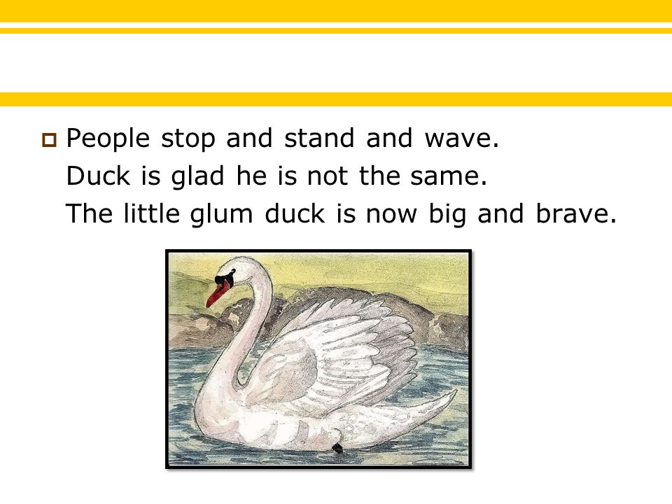  People stop and stand and wave. Duck is glad he is not the same.