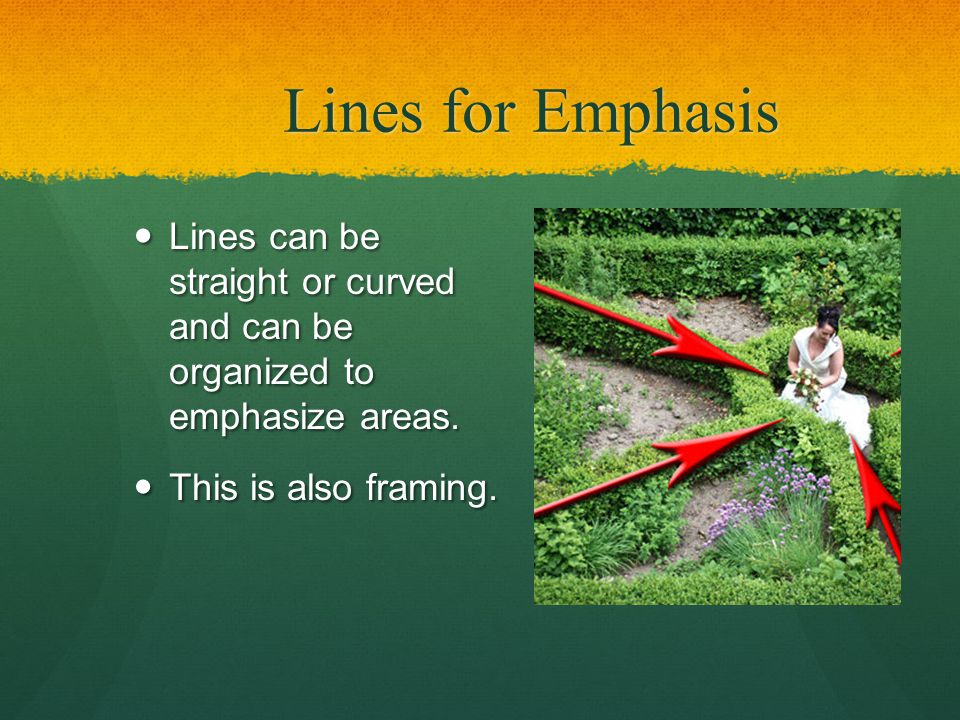 Lines for Emphasis Lines can be straight or curved and can be organized to emphasize areas.