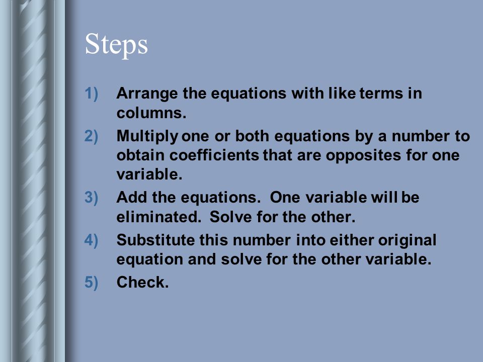 Steps 1)Arrange the equations with like terms in columns.