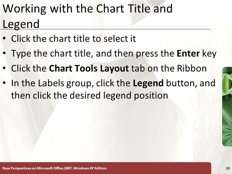 XP New Perspectives on Microsoft Office 2007: Windows XP Edition13 Working with the Chart Title and Legend Click the chart title to select it Type the chart title, and then press the Enter key Click the Chart Tools Layout tab on the Ribbon In the Labels group, click the Legend button, and then click the desired legend position