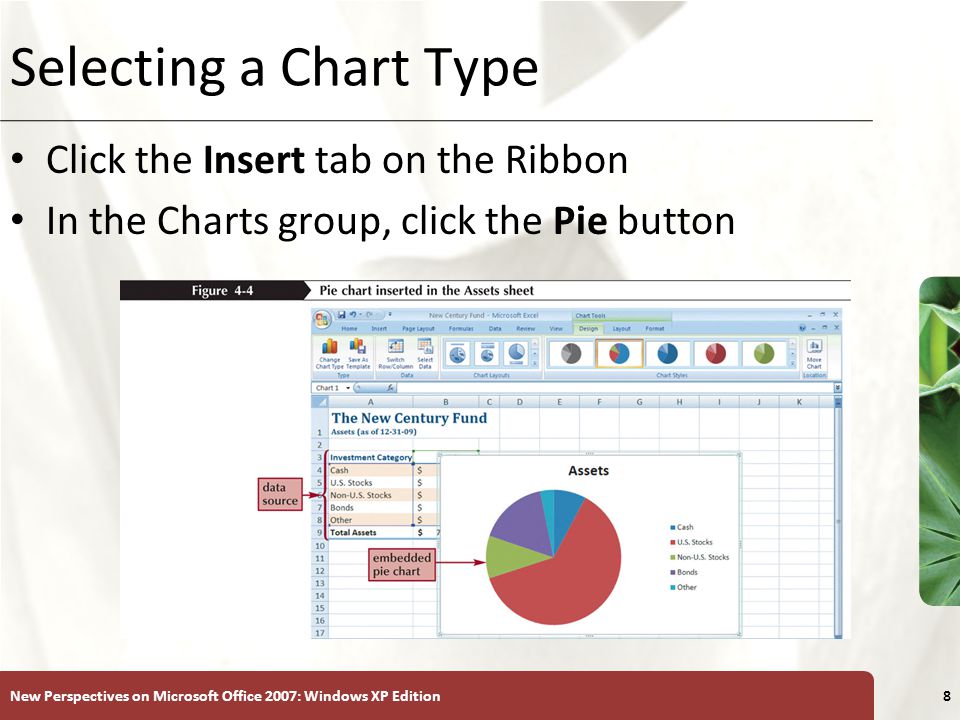 XP New Perspectives on Microsoft Office 2007: Windows XP Edition8 Selecting a Chart Type Click the Insert tab on the Ribbon In the Charts group, click the Pie button