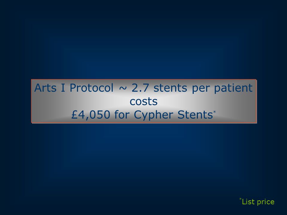 Arts I Protocol ~ 2.7 stents per patient costs £4,050 for Cypher Stents * Arts I Protocol ~ 2.7 stents per patient costs £4,050 for Cypher Stents * * List price