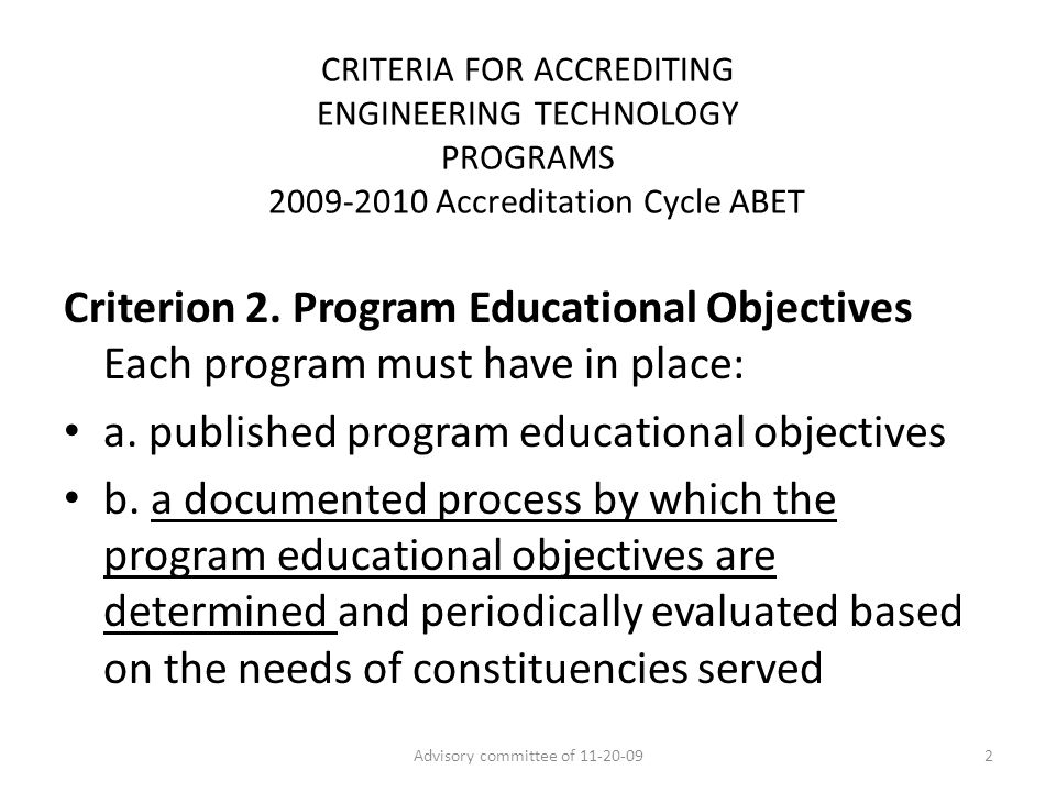 CRITERIA FOR ACCREDITING ENGINEERING TECHNOLOGY PROGRAMS Accreditation Cycle ABET Criterion 2.
