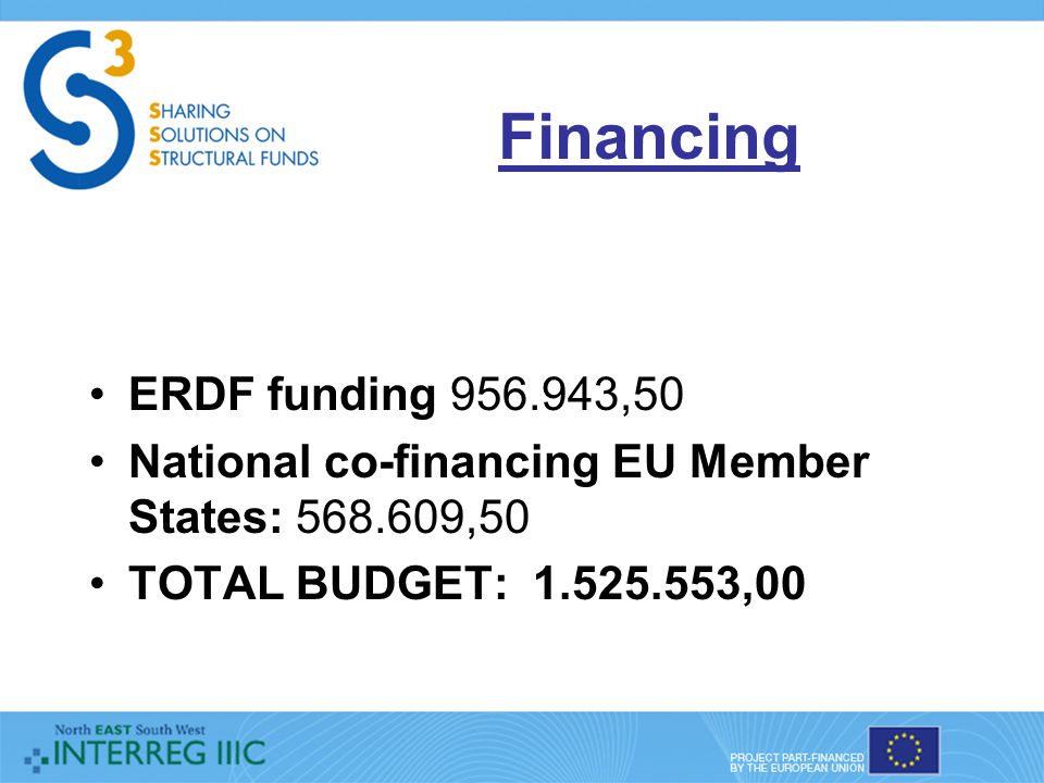 Financing ERDF funding ,50 National co-financing EU Member States: ,50 TOTAL BUDGET: ,00