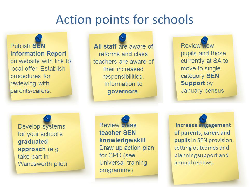 Action points for schools Review class teacher SEN knowledge/skill Draw up action plan for CPD (see Universal training programme) Publish SEN Information Report on website with link to local offer.