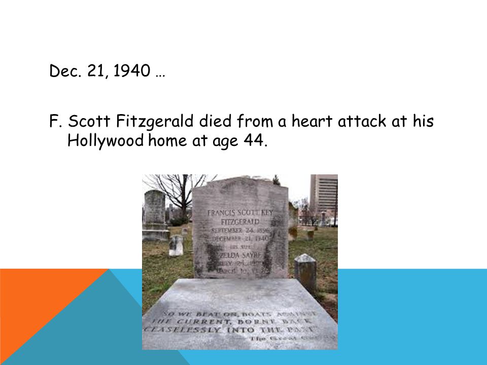 Dec. 21, 1940 … F. Scott Fitzgerald died from a heart attack at his Hollywood home at age 44.