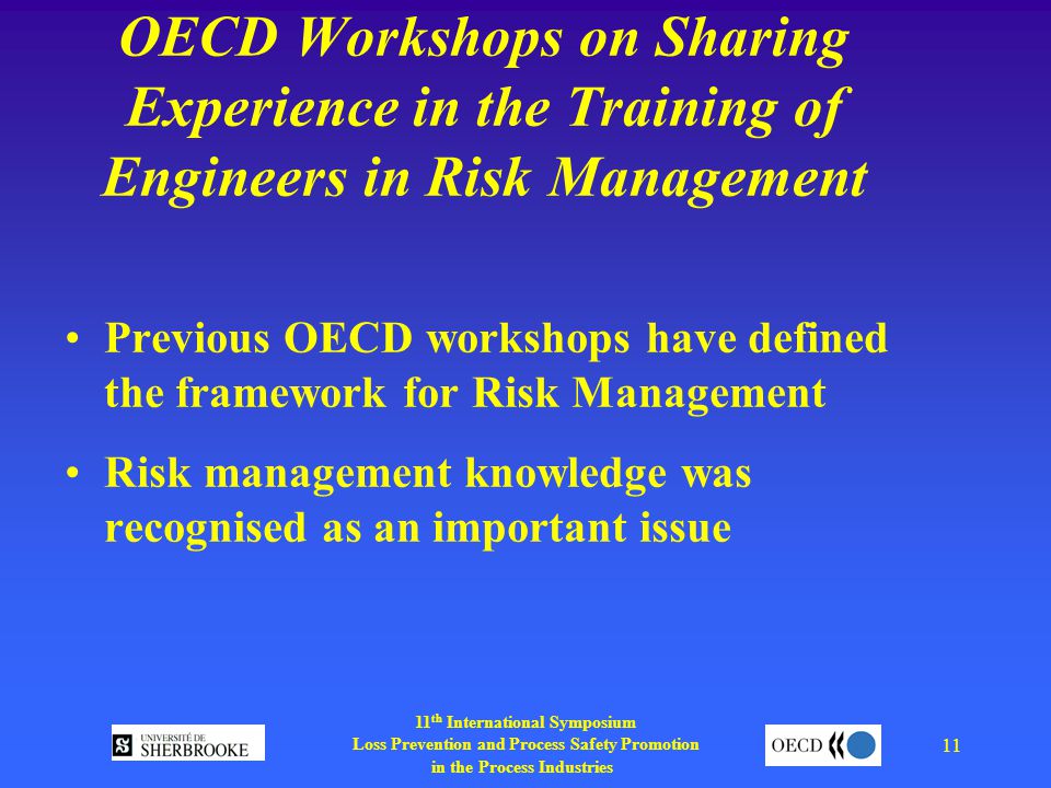 11 th International Symposium Loss Prevention and Process Safety Promotion in the Process Industries 11 OECD Workshops on Sharing Experience in the Training of Engineers in Risk Management Previous OECD workshops have defined the framework for Risk Management Risk management knowledge was recognised as an important issue