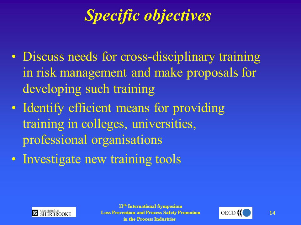 11 th International Symposium Loss Prevention and Process Safety Promotion in the Process Industries 14 Specific objectives Discuss needs for cross-disciplinary training in risk management and make proposals for developing such training Identify efficient means for providing training in colleges, universities, professional organisations Investigate new training tools
