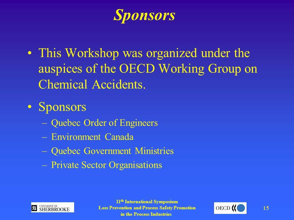 11 th International Symposium Loss Prevention and Process Safety Promotion in the Process Industries 15 Sponsors This Workshop was organized under the auspices of the OECD Working Group on Chemical Accidents.