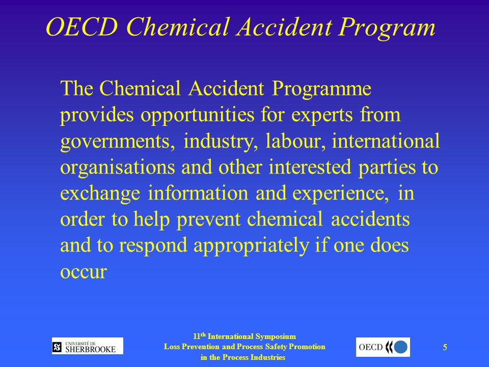 11 th International Symposium Loss Prevention and Process Safety Promotion in the Process Industries 5 OECD Chemical Accident Program The Chemical Accident Programme provides opportunities for experts from governments, industry, labour, international organisations and other interested parties to exchange information and experience, in order to help prevent chemical accidents and to respond appropriately if one does occur