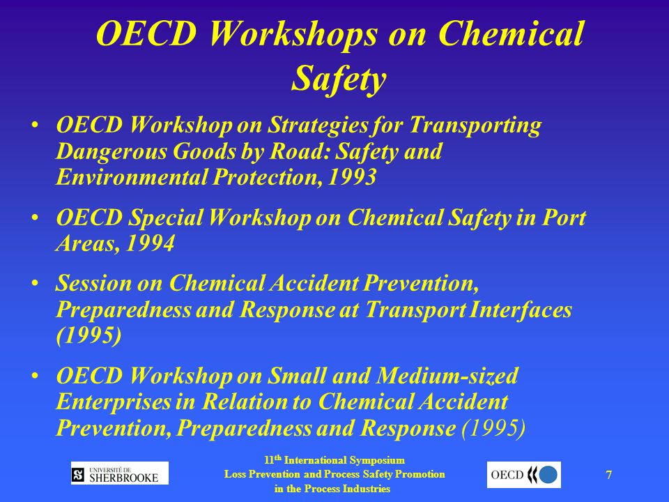 11 th International Symposium Loss Prevention and Process Safety Promotion in the Process Industries 7 OECD Workshops on Chemical Safety OECD Workshop on Strategies for Transporting Dangerous Goods by Road: Safety and Environmental Protection, 1993 OECD Special Workshop on Chemical Safety in Port Areas, 1994 Session on Chemical Accident Prevention, Preparedness and Response at Transport Interfaces (1995) OECD Workshop on Small and Medium-sized Enterprises in Relation to Chemical Accident Prevention, Preparedness and Response (1995)