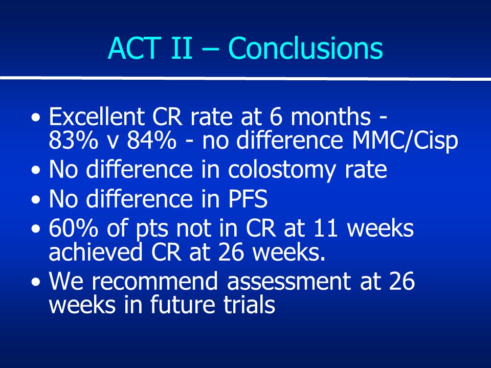ACT II – Conclusions Excellent CR rate at 6 months - 83% v 84% - no difference MMC/Cisp No difference in colostomy rate No difference in PFS 60% of pts not in CR at 11 weeks achieved CR at 26 weeks.
