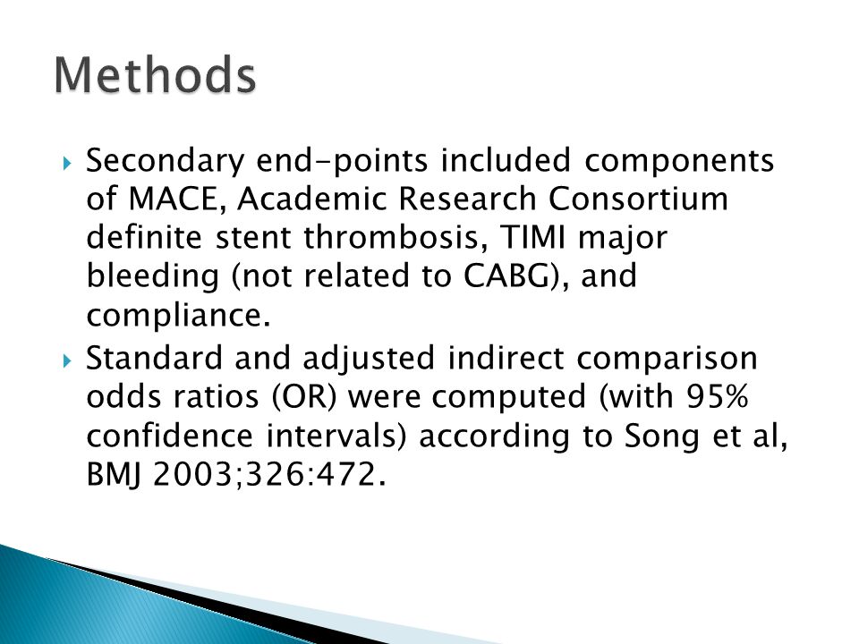  Secondary end-points included components of MACE, Academic Research Consortium definite stent thrombosis, TIMI major bleeding (not related to CABG), and compliance.