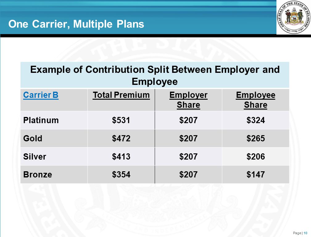 One Carrier, Multiple Plans Page | 10 Example of Contribution Split Between Employer and Employee Carrier BTotal PremiumEmployer Share Employee Share Platinum$531$207$324 Gold$472$207$265 Silver$413$207$206 Bronze$354$207$147