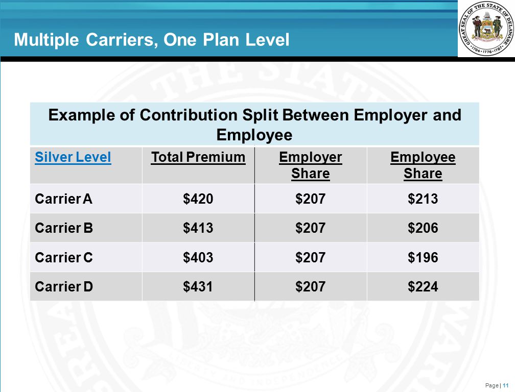 Multiple Carriers, One Plan Level Page | 11 Example of Contribution Split Between Employer and Employee Silver LevelTotal PremiumEmployer Share Employee Share Carrier A$420$207$213 Carrier B$413$207$206 Carrier C$403$207$196 Carrier D$431$207$224