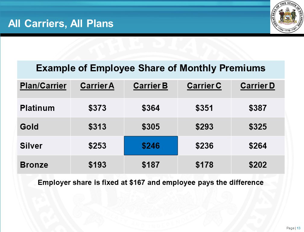 All Carriers, All Plans Page | 13 Example of Employee Share of Monthly Premiums Plan/CarrierCarrier ACarrier BCarrier CCarrier D Platinum$373$364$351$387 Gold$313$305$293$325 Silver$253$246$236$264 Bronze$193$187$178$202 Employer share is fixed at $167 and employee pays the difference