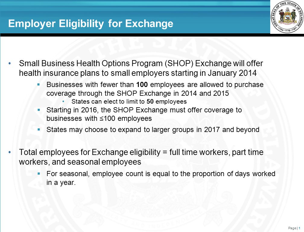 Employer Eligibility for Exchange Small Business Health Options Program (SHOP) Exchange will offer health insurance plans to small employers starting in January 2014  Businesses with fewer than 100 employees are allowed to purchase coverage through the SHOP Exchange in 2014 and 2015 States can elect to limit to 50 employees  Starting in 2016, the SHOP Exchange must offer coverage to businesses with ≤100 employees  States may choose to expand to larger groups in 2017 and beyond Total employees for Exchange eligibility = full time workers, part time workers, and seasonal employees  For seasonal, employee count is equal to the proportion of days worked in a year.
