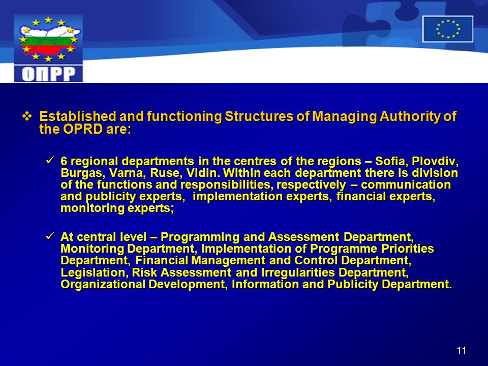 11  Established and functioning Structures of Managing Authority of the OPRD are: 6 regional departments in the centres of the regions – Sofia, Plovdiv, Burgas, Varna, Ruse, Vidin.