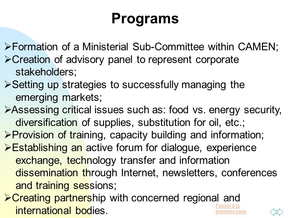 Passer à la première page Programs  Formation of a Ministerial Sub-Committee within CAMEN;  Creation of advisory panel to represent corporate stakeholders;  Setting up strategies to successfully managing the emerging markets;  Assessing critical issues such as: food vs.