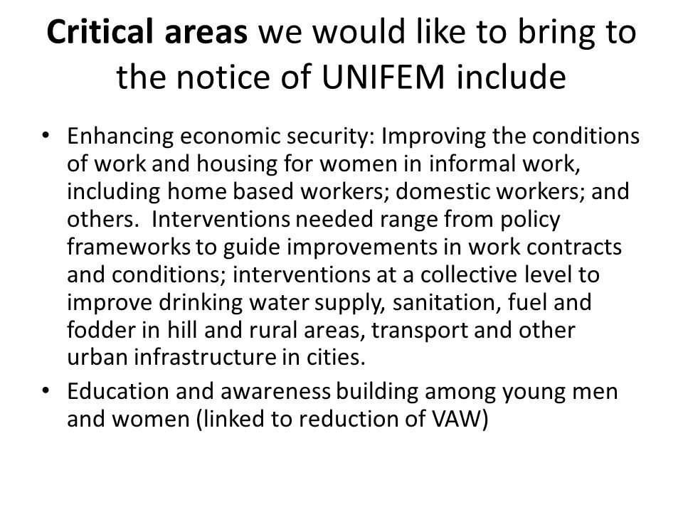 Critical areas we would like to bring to the notice of UNIFEM include Enhancing economic security: Improving the conditions of work and housing for women in informal work, including home based workers; domestic workers; and others.