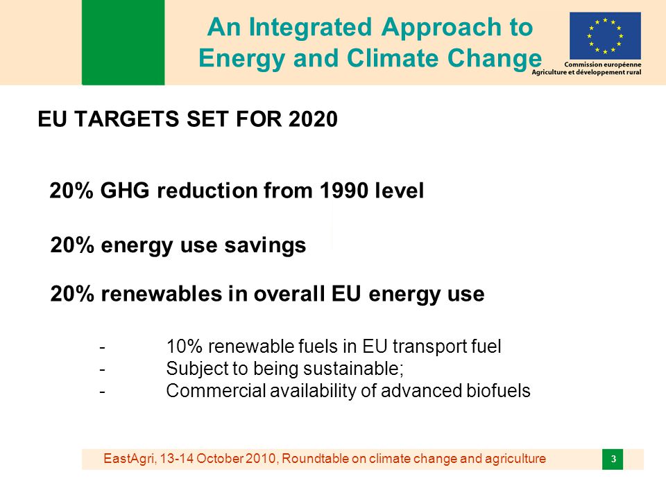 EastAgri, October 2010, Roundtable on climate change and agriculture 3 EU TARGETS SET FOR 2020 An Integrated Approach to Energy and Climate Change 20% GHG reduction from 1990 level 20% energy use savings 20% renewables in overall EU energy use - 10% renewable fuels in EU transport fuel -Subject to being sustainable; -Commercial availability of advanced biofuels