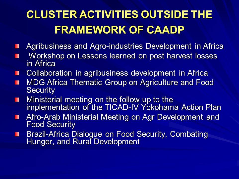 CLUSTER ACTIVITIES OUTSIDE THE FRAMEWORK OF CAADP Agribusiness and Agro-industries Development in Africa Workshop on Lessons learned on post harvest losses in Africa Workshop on Lessons learned on post harvest losses in Africa Collaboration in agribusiness development in Africa MDG Africa Thematic Group on Agriculture and Food Security Ministerial meeting on the follow up to the implementation of the TICAD-IV Yokohama Action Plan Afro-Arab Ministerial Meeting on Agr Development and Food Security Brazil-Africa Dialogue on Food Security, Combating Hunger, and Rural Development