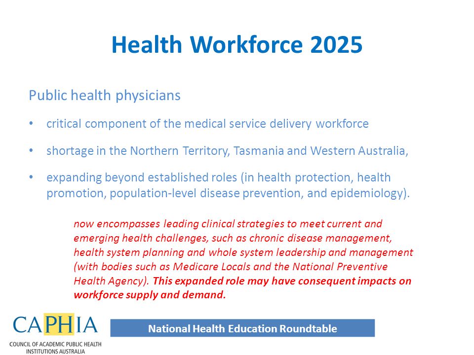 Public health physicians critical component of the medical service delivery workforce shortage in the Northern Territory, Tasmania and Western Australia, expanding beyond established roles (in health protection, health promotion, population-level disease prevention, and epidemiology).
