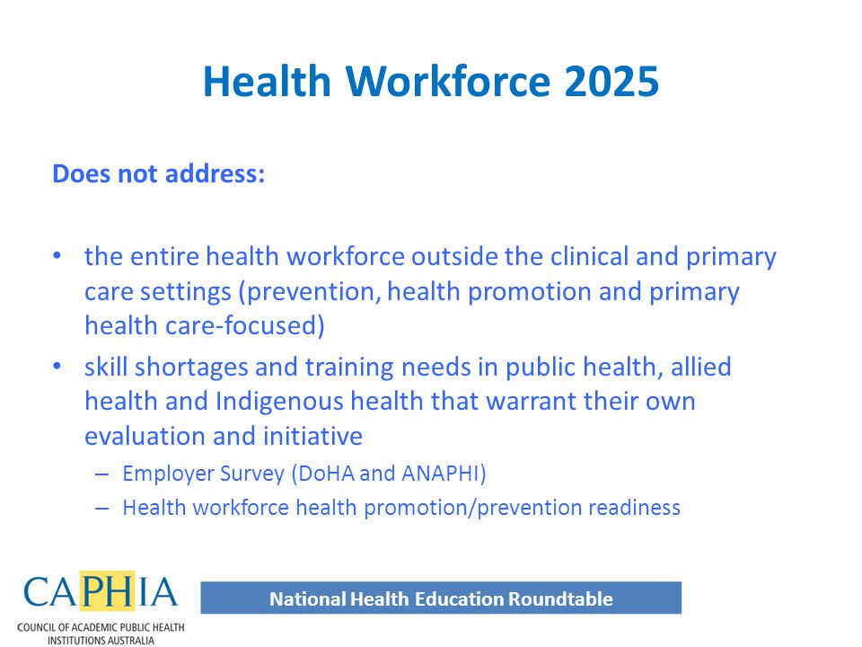 Does not address: the entire health workforce outside the clinical and primary care settings (prevention, health promotion and primary health care-focused) skill shortages and training needs in public health, allied health and Indigenous health that warrant their own evaluation and initiative – Employer Survey (DoHA and ANAPHI) – Health workforce health promotion/prevention readiness National Health Education Roundtable Health Workforce 2025