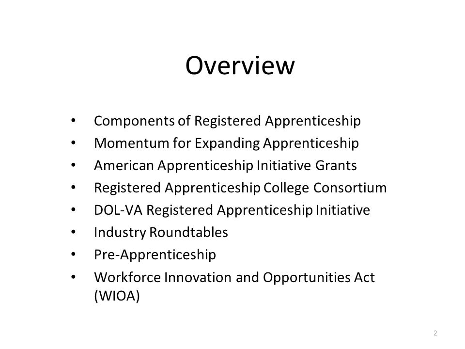 Overview Components of Registered Apprenticeship Momentum for Expanding Apprenticeship American Apprenticeship Initiative Grants Registered Apprenticeship College Consortium DOL-VA Registered Apprenticeship Initiative Industry Roundtables Pre-Apprenticeship Workforce Innovation and Opportunities Act (WIOA) 2