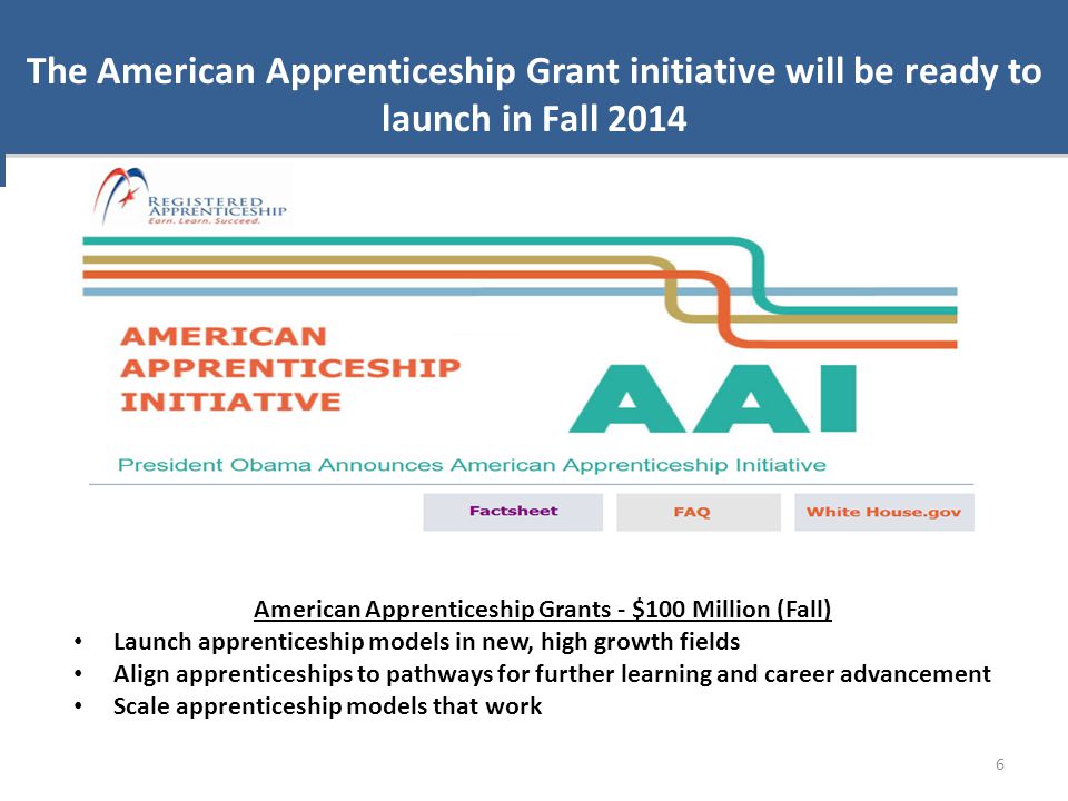 6 The American Apprenticeship Grant initiative will be ready to launch in Fall 2014 American Apprenticeship Grants - $100 Million (Fall) Launch apprenticeship models in new, high growth fields Align apprenticeships to pathways for further learning and career advancement Scale apprenticeship models that work