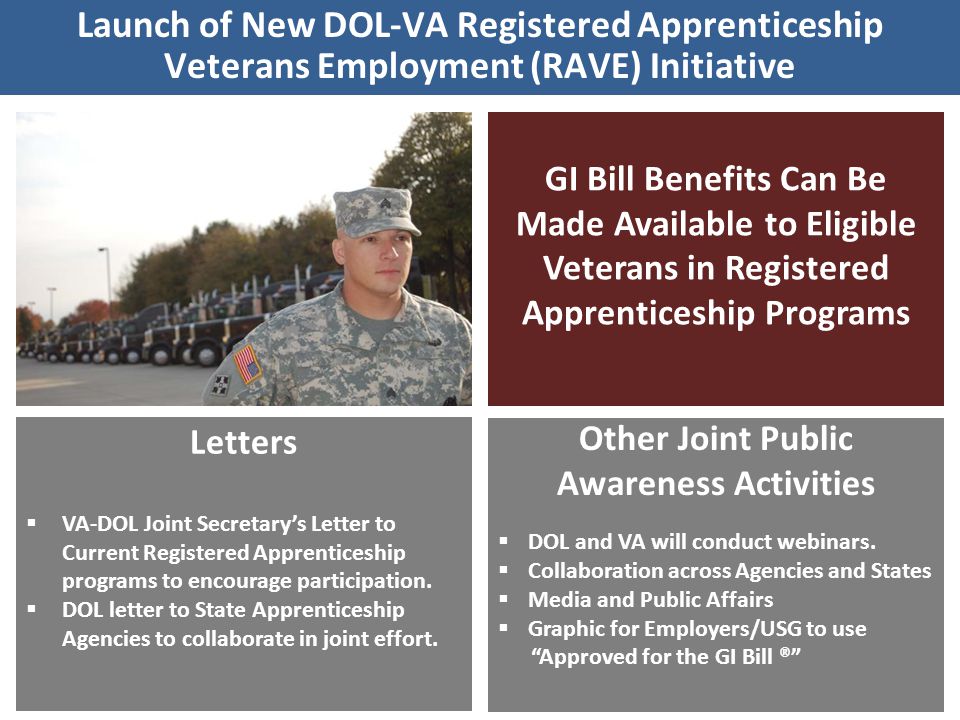 9 Launch of New DOL-VA Registered Apprenticeship Veterans Employment (RAVE) Initiative GI Bill Benefits Can Be Made Available to Eligible Veterans in Registered Apprenticeship Programs Letters  VA-DOL Joint Secretary’s Letter to Current Registered Apprenticeship programs to encourage participation.