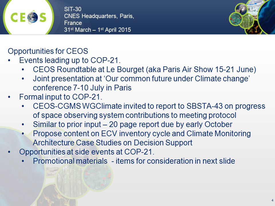 SIT-30 CNES Headquarters, Paris, France 31 st March – 1 st April Opportunities for CEOS Events leading up to COP-21.